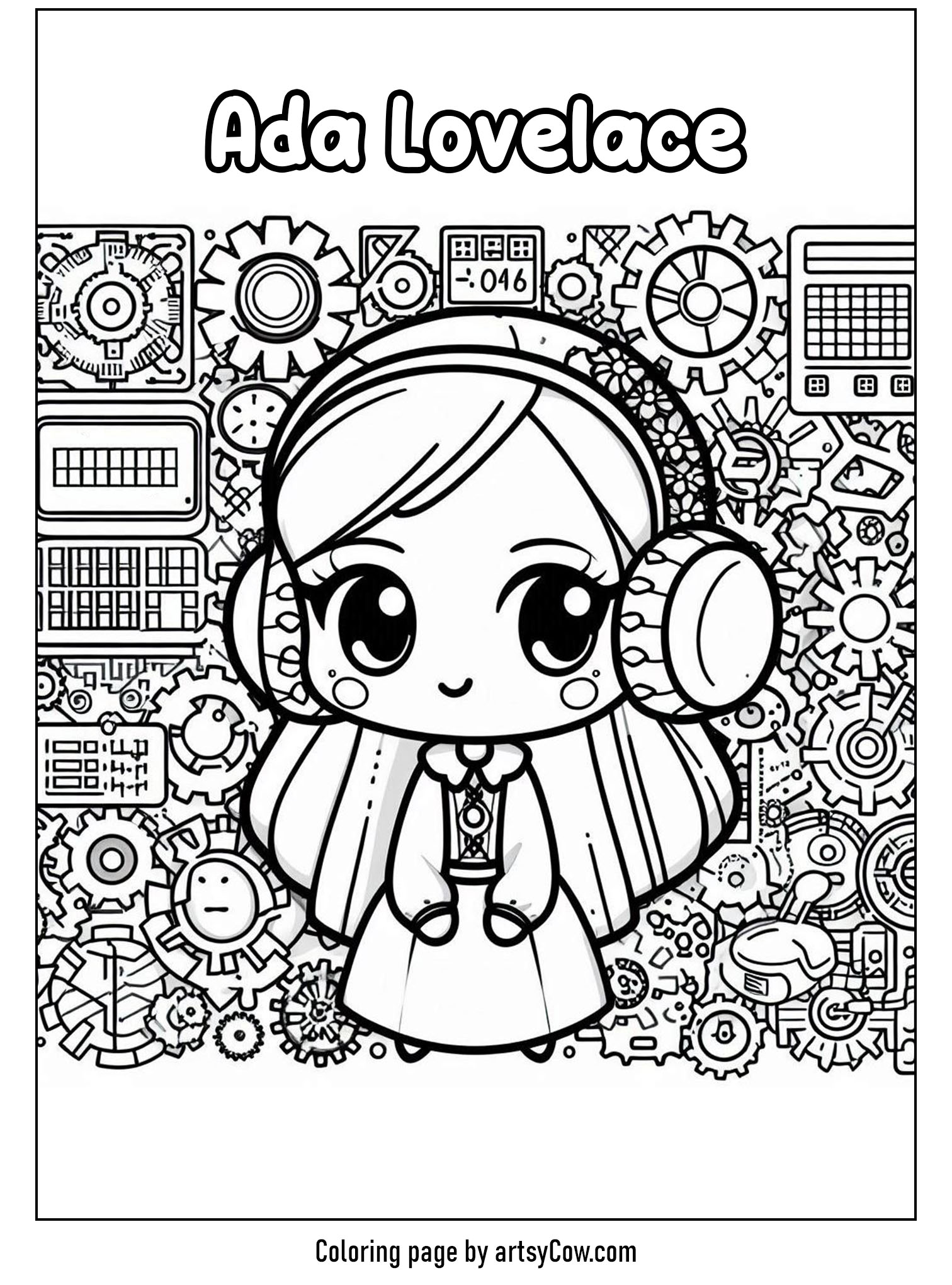International women's day coloring sheets featuring Ada Lovelace surrounded by mathematical gears and equations.